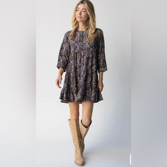 Natural Life Navy Blue Orange Floral Paisley Ruffle Hem Boho Peasant Mini Dress - Picture 1 of 16